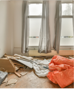 Broken dishes on the floor, representing accidental damage to belongings.
